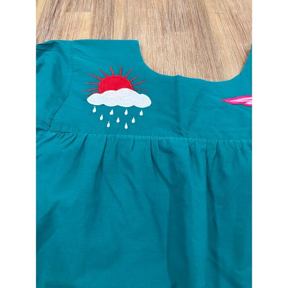 VINTAGE EMBROIDERED UNIQUE DRESS COLORFUL WITH BUTTERFLY BIRD CLOUDS LINEN - Picture 4 of 7